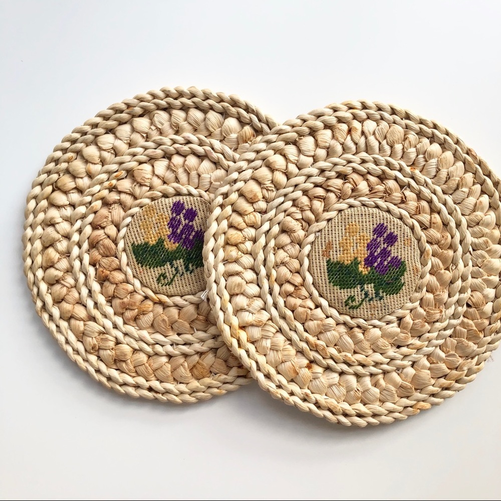 2 Boho ratan cross-stitched placemats or trivets
